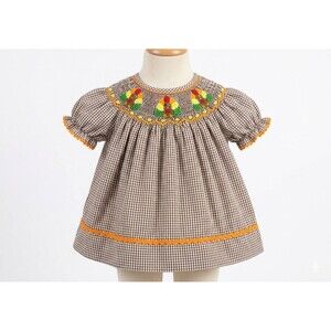 Babeeni Baby Girl 3M Smocked Thanksgiving Turkey Dress Brown Gingham Ric Rac